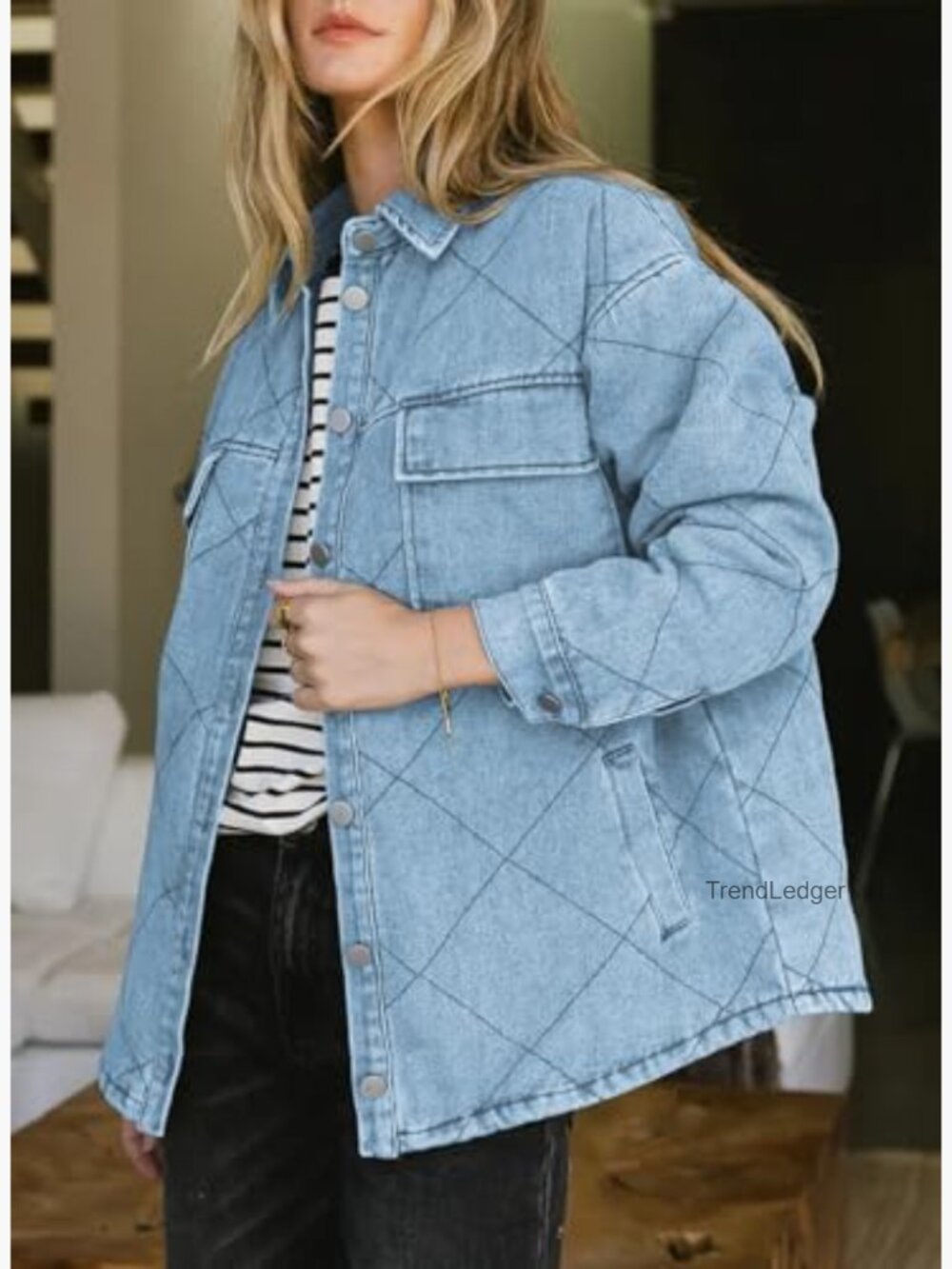 Oversized Denim Shacket with Pockets Relaxed Fit Button Down Coat - Picture 2 of 6